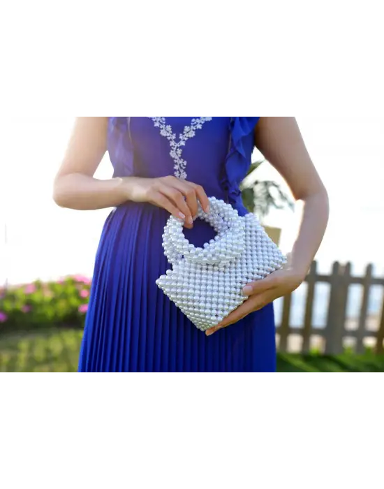 İncili el yapımı yuvarlak kol el çantası