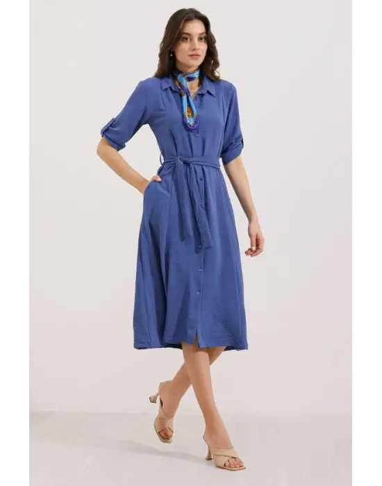 İndigo Kuşaklı Gömlek Elbise 2442