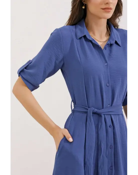 İndigo Kuşaklı Gömlek Elbise 2442