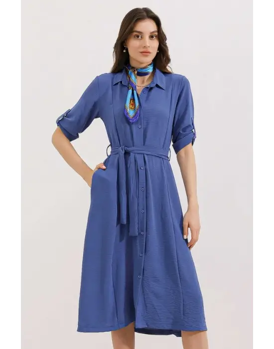 İndigo Kuşaklı Gömlek Elbise 2442