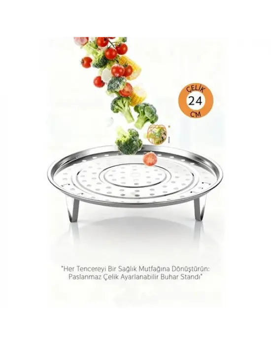 Inox Çelik Ayaklı Buharlı Pişirme Aparatı - 24 cm Çok Amaçlı Tencere İçi Haşlama Standı