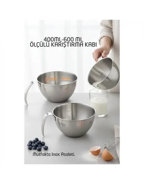 Inox Çelik Profesyonel Ölçülü Karıştırma Kabı Seti -400-600 ml Sos & Hazırlık Şefi Serisi