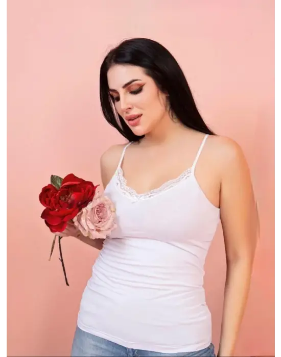 Omarı Dantelli Beyaz İp Askılı Atlet