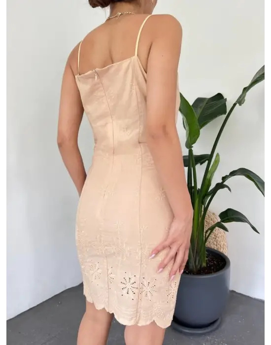 Omarı Şık İp Askılı Mini Elbise - Açık Vizon