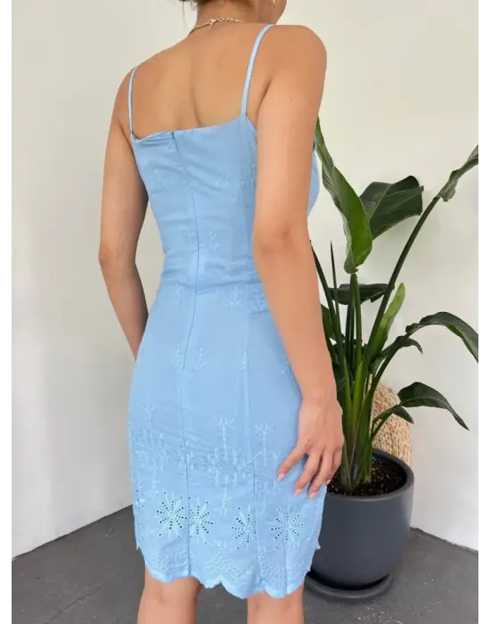 Omarı Mavi İp Askılı Mini Elbise Astarı ile Şıklığı Yakala