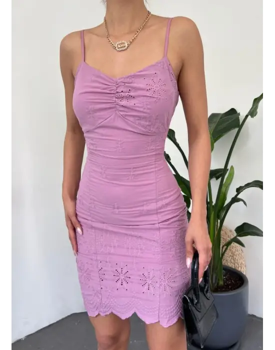 İp Askılı Fistolu Astarlı Mini Elbise -Vişne