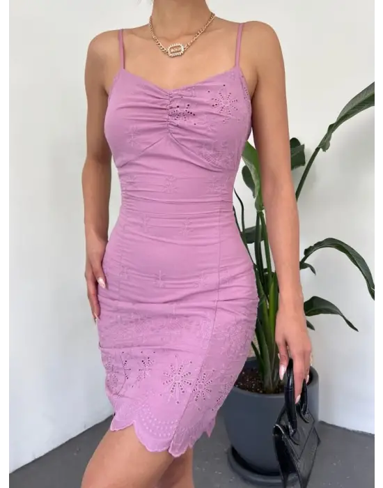 İp Askılı Fistolu Astarlı Mini Elbise -Vişne