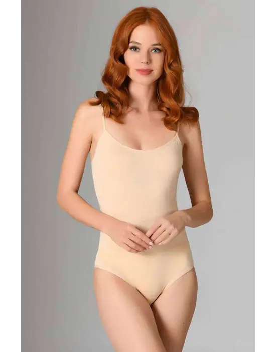 Omarı İp Askılı Çıtçıtlı Kadın Body Gri ve Ten - İncecik Tasarım!