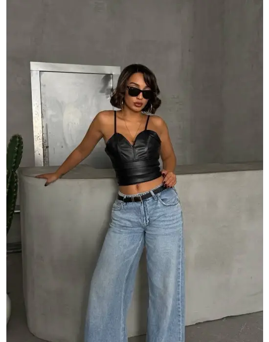 İp askılı yandan fermuarlı rastale deri crop siyah s24113