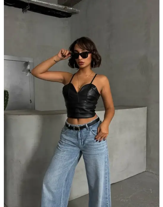 İp askılı yandan fermuarlı rastale deri crop siyah s24113