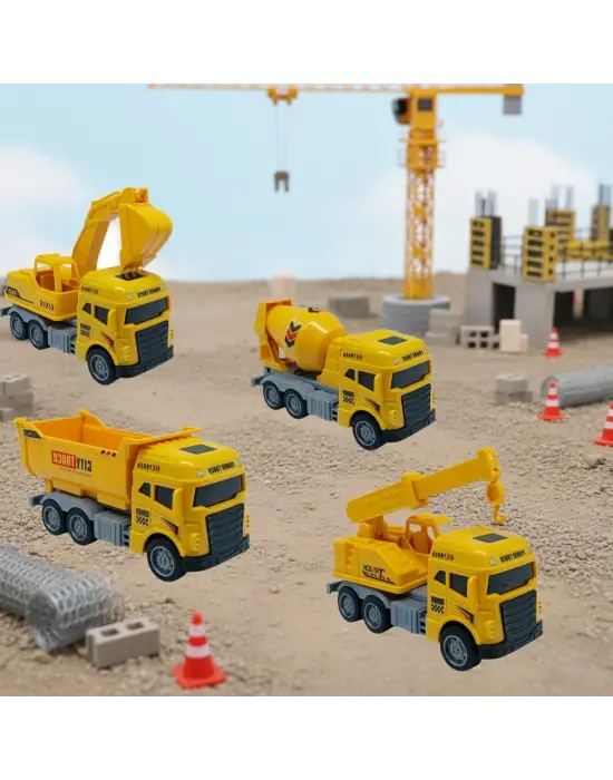 İş Makinaları Serisi - 4lü Set 12 cm  - Mikser Vinç Kamyon Kepçe Seti