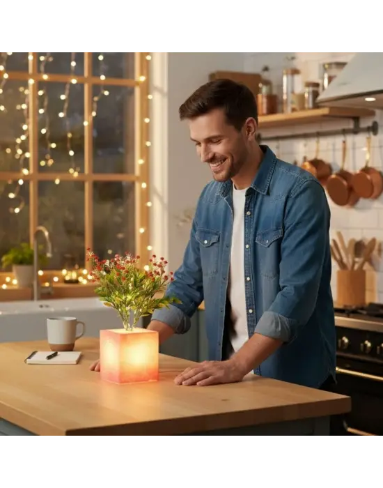 Işıklı Yapay Çiçek – Pembe Saksılı LED Dekoratif Bitki, Masaüstü ve Ev Ofis Aydınlatmalı Süs Bitkisi