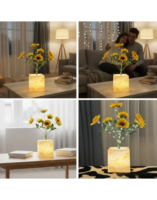 Işıklı Yapay Çiçek – Sarı Saksılı LED Dekoratif Bitki, Masaüstü ve Ev Ofis Aydınlatmalı Süs Bitkisi