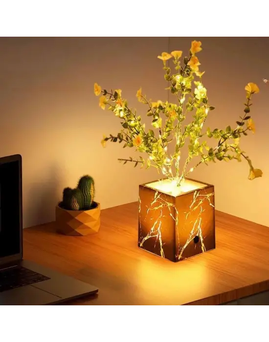 Işıklı Yapay Çiçek – Siyah Saksılı LED Dekoratif Bitki, Masaüstü ve Ev Ofis Aydınlatmalı Süs Bitkisi