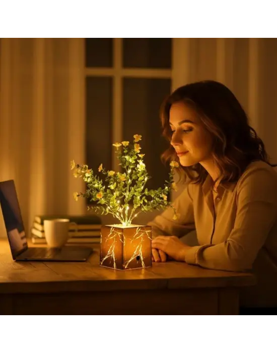 Işıklı Yapay Çiçek – Siyah Saksılı LED Dekoratif Bitki, Masaüstü ve Ev Ofis Aydınlatmalı Süs Bitkisi