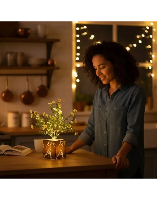 Işıklı Yapay Çiçek – Siyah Saksılı LED Dekoratif Bitki, Masaüstü ve Ev Ofis Aydınlatmalı Süs Bitkisi