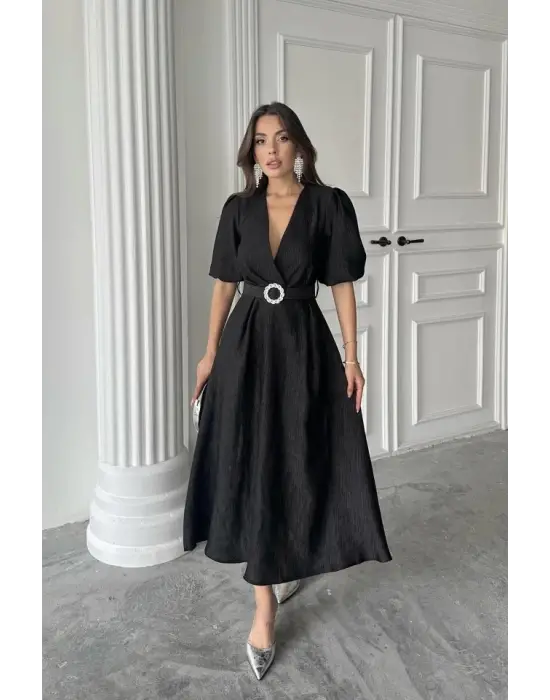 Omarı Işıltılı Kruvaze Siyah Elbise