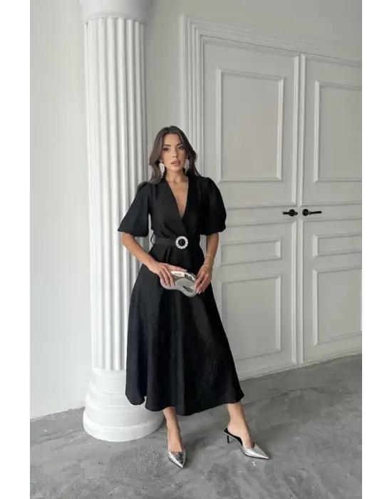 Omarı Işıltılı Kruvaze Siyah Elbise