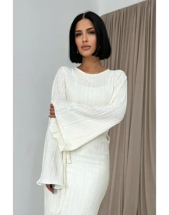 Omarı Zarif Ekru Piliseli Elbise