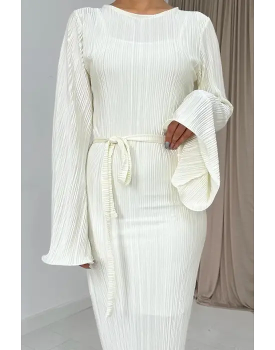 Omarı Zarif Ekru Piliseli Elbise