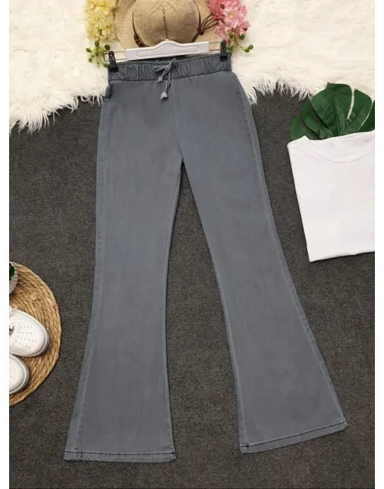 İspanyol Paça Bağcık Detaylı Kot Pantolon  -Açık Gri