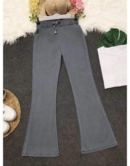 Omarı İspanyol Paça Bağcık Detaylı Kot Pantolon - Açık Gri