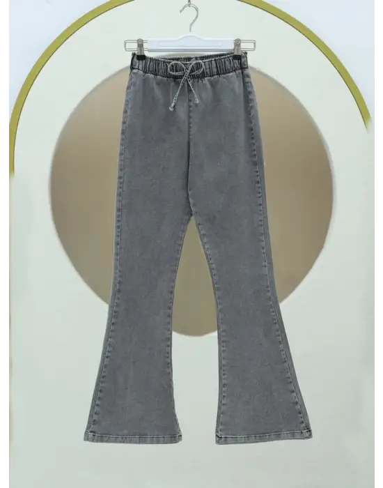 Omarı İspanyol Paça Bağcık Detaylı Kot Pantolon - Açık Gri