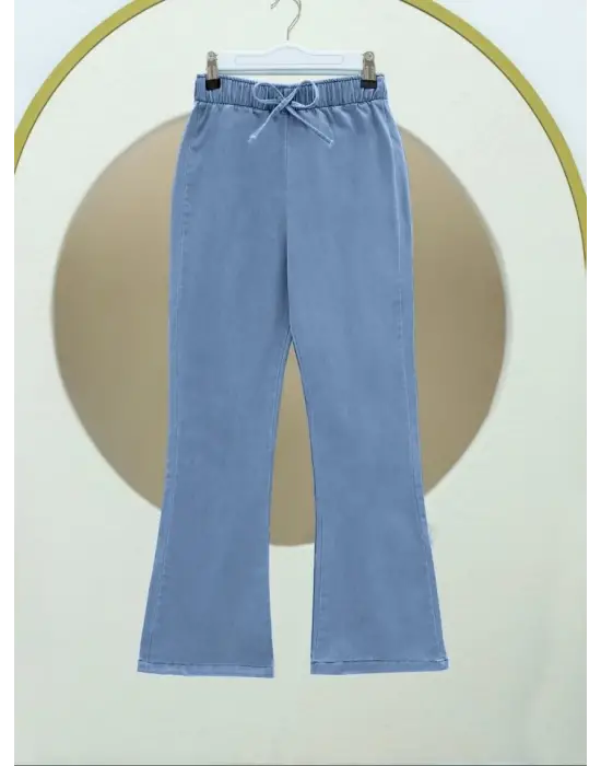 Omarı İspanyol Paça Bağcık Detaylı Kot Pantolon -Mavi