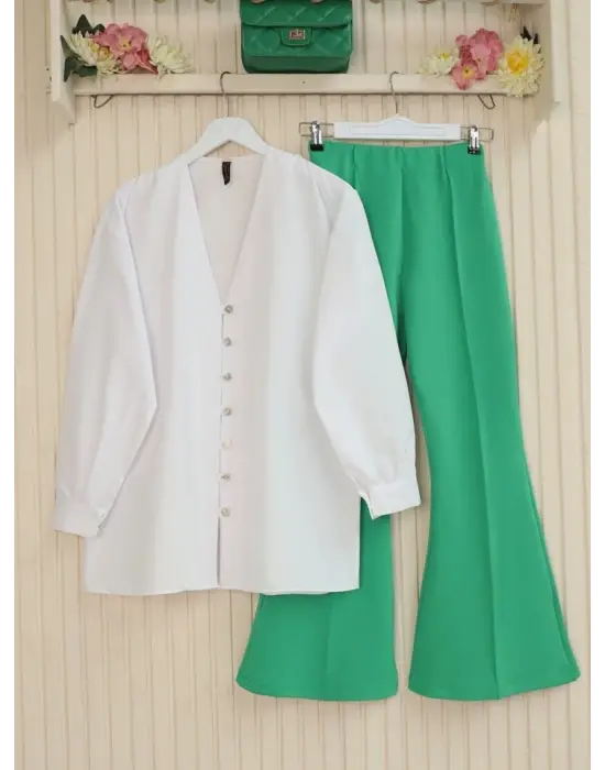 İspanyol Paça Beli Lastikli Likralı Pantolon -A.Yeşil