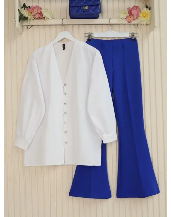 İspanyol Paça Beli Lastikli Likralı Pantolon -Saks