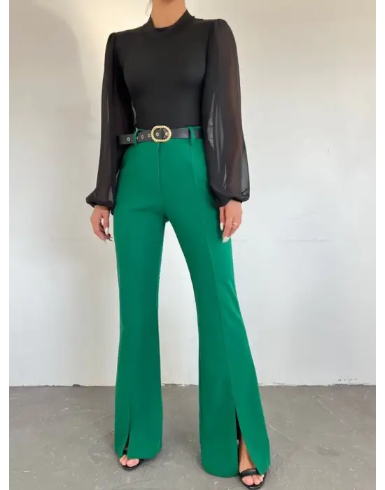 Omarı İspanyol Paça Yırtmaçlı Yeşil Pantolon