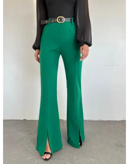 İspanyol Paça Yırtmaçlı Kemerli Pantolon -Yeşil