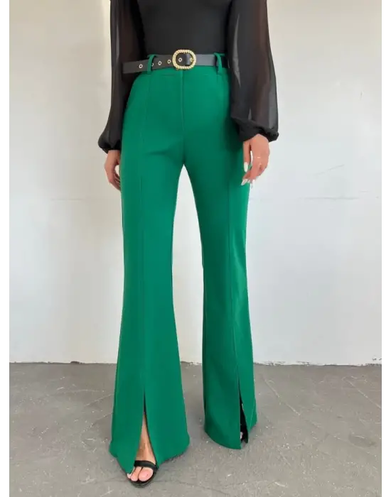 Omarı İspanyol Paça Yırtmaçlı Yeşil Pantolon