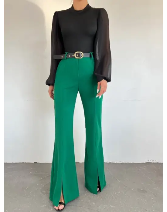 İspanyol Paça Yırtmaçlı Kemerli Pantolon -Yeşil