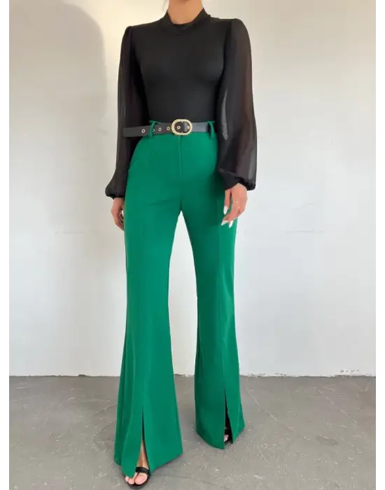 Omarı İspanyol Paça Yırtmaçlı Yeşil Pantolon