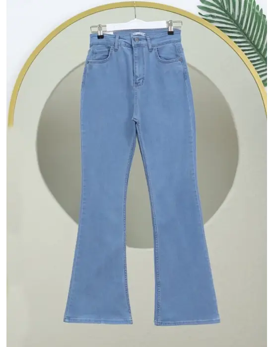 Omarı Yüksek Bel İspanyol Paça Kot Pantolon - Açık Mavi