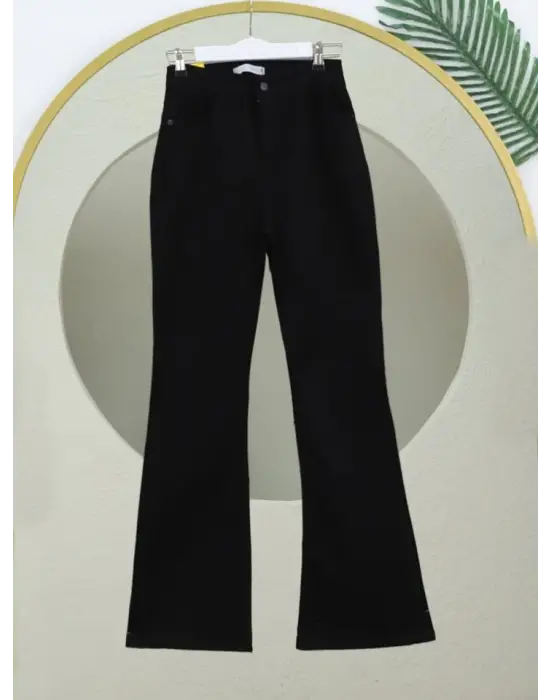 Omarı Yüksek Bel Siyah İspanyol Paça Kot Pantolon