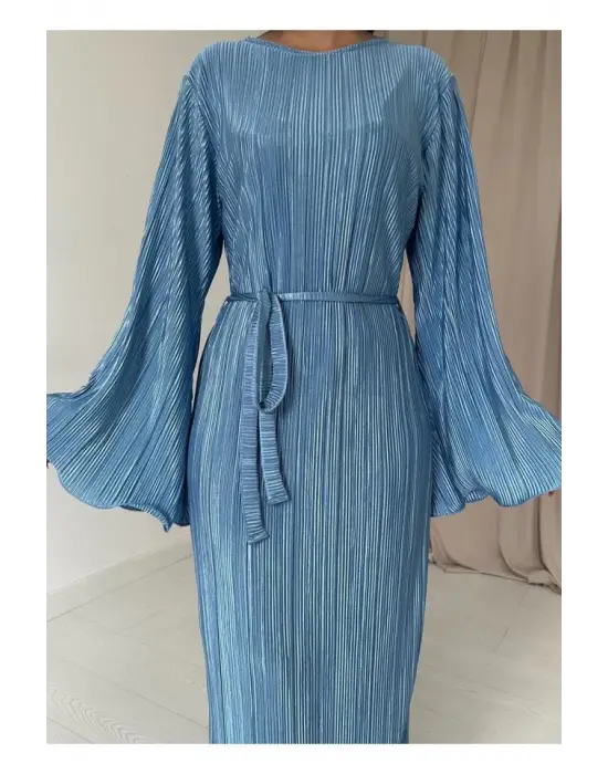 Omarı Şık Mavi Piliseli Elbise
