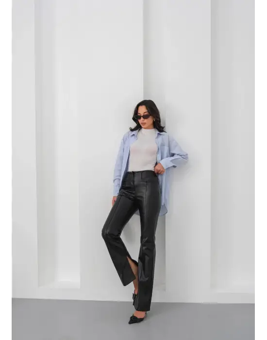 İspanyol yırtmaçlı paça deri pantolon siyah hn