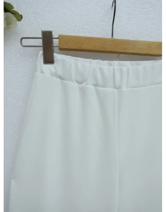 İthal Kumaş İspanyol Paça Pantolon -Beyaz