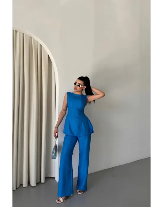 JAKAR KETEN KOLSUZ BLUZ-PANTOLON TK - Mavi