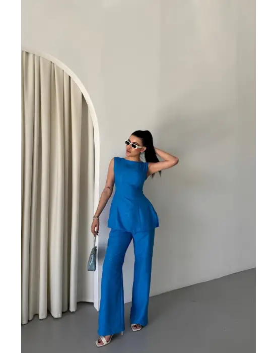 Omarı Mavi Jakar Keten Kolsuz Takım