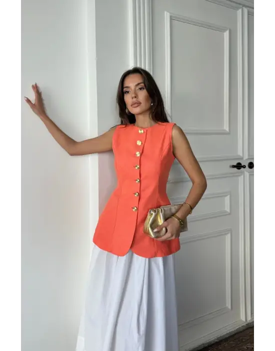 JAKAR KETEN YELEK BELDEN OTURTMALI GOLD DÜĞMELİ - Orange