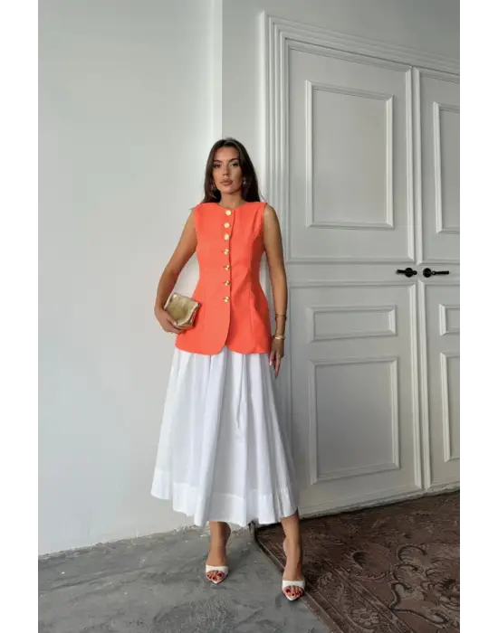 JAKAR KETEN YELEK BELDEN OTURTMALI GOLD DÜĞMELİ - Orange