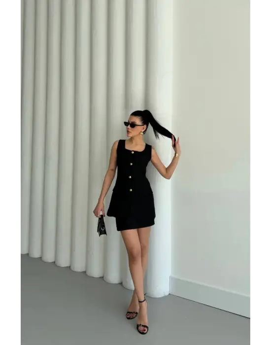 Omarı Zarif Siyah Jakar Yelek ve Kısa Etek Takımı