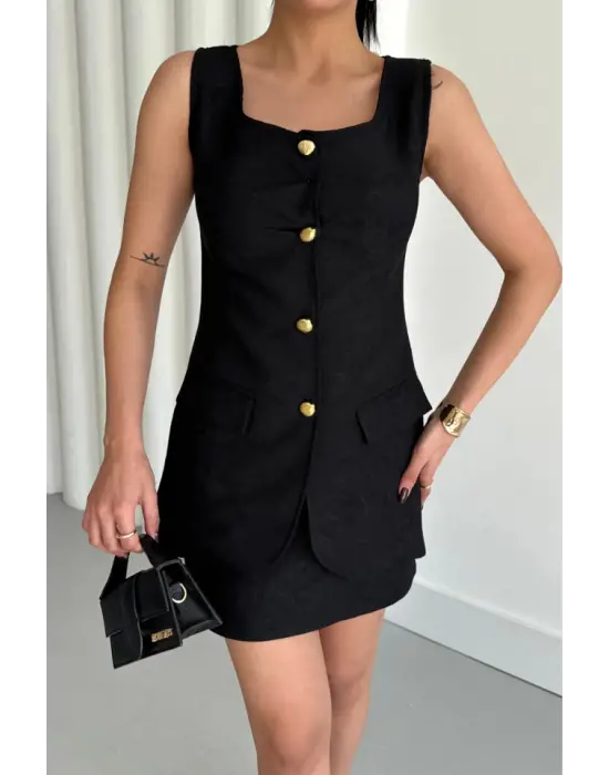 Omarı Zarif Siyah Jakar Yelek ve Kısa Etek Takımı