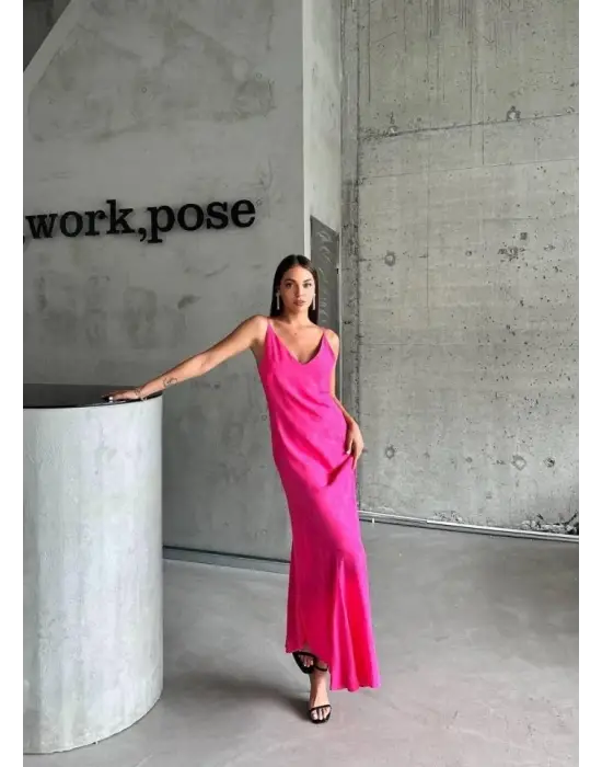 JAKARLI ASKILI SATEN ELBİSE ASİMETRİK - Pembe