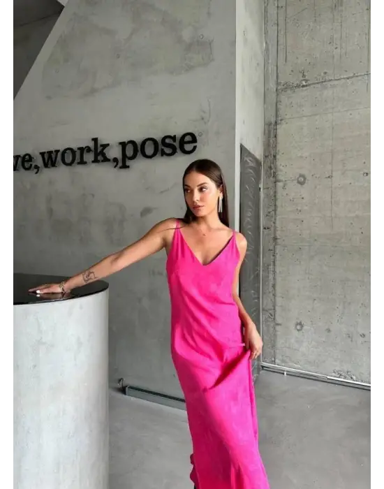 JAKARLI ASKILI SATEN ELBİSE ASİMETRİK - Pembe