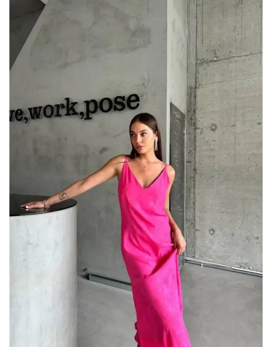 JAKARLI ASKILI SATEN ELBİSE ASİMETRİK - Pembe