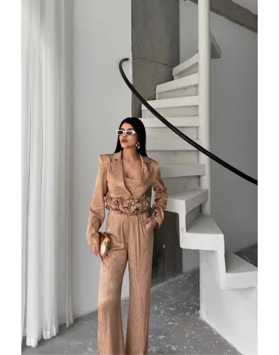 Omarı Jakarlı Tasarım Detaylı 3lü Takım - Bej